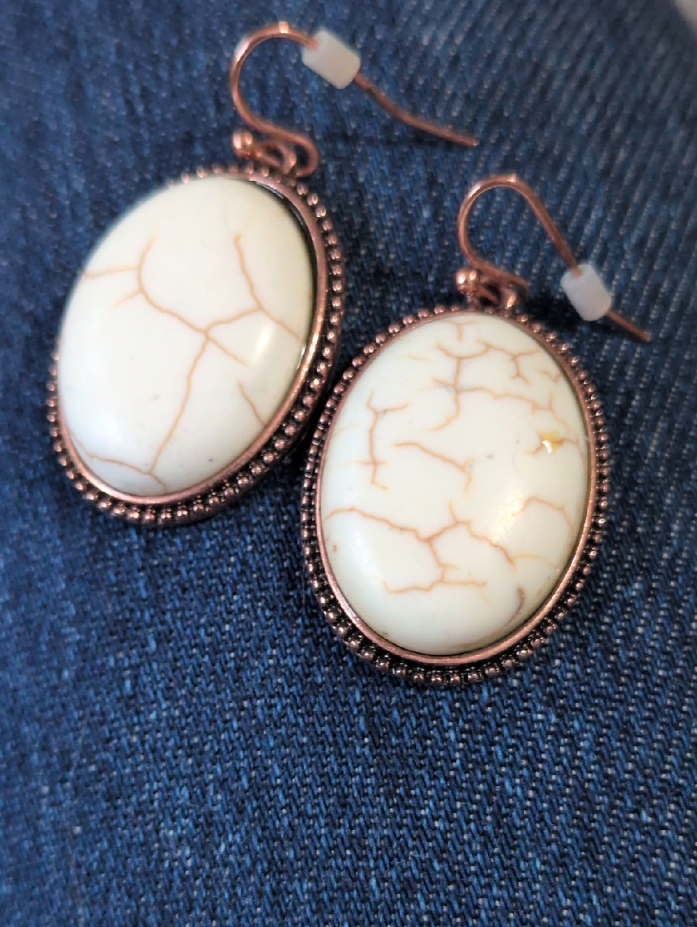 White Howlite-Style Oval Drop Earrings Copper Tone Settings